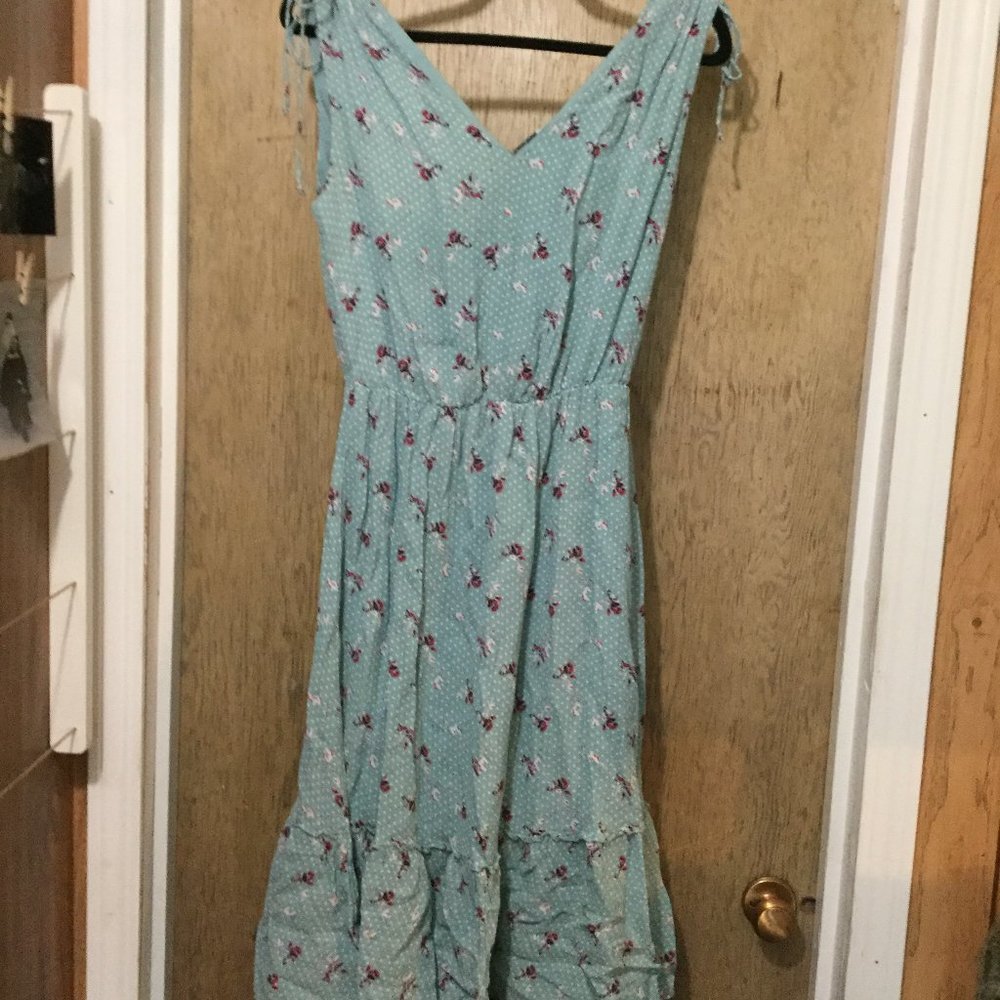 EDC floral mini dress with ruffle at the bottom ties at shoulders size 36